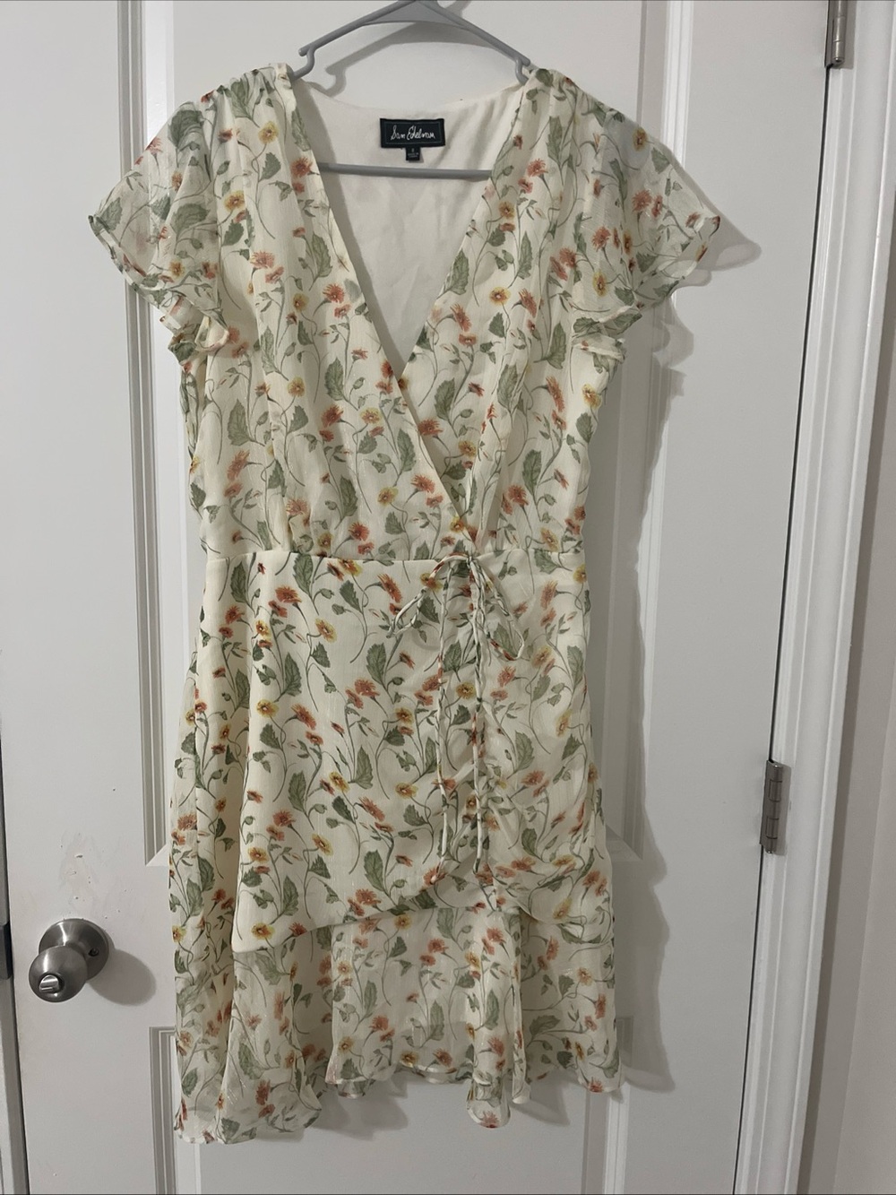 Sam Edelman Ivory Floral Wrap Dress with Green and Orange Print